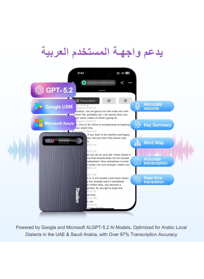 ماركة مسجل الصوت الذكي TAOISN، مع النسخ والتلخيص بدقة تتجاوز 97٪ للغة العربية واللهجات المحلية، مدعوم بـ GPT-5.2 و Microsoft Azure وأفضل نماذج AI من Google USM، ويدعم 128 لغة. - Image 2